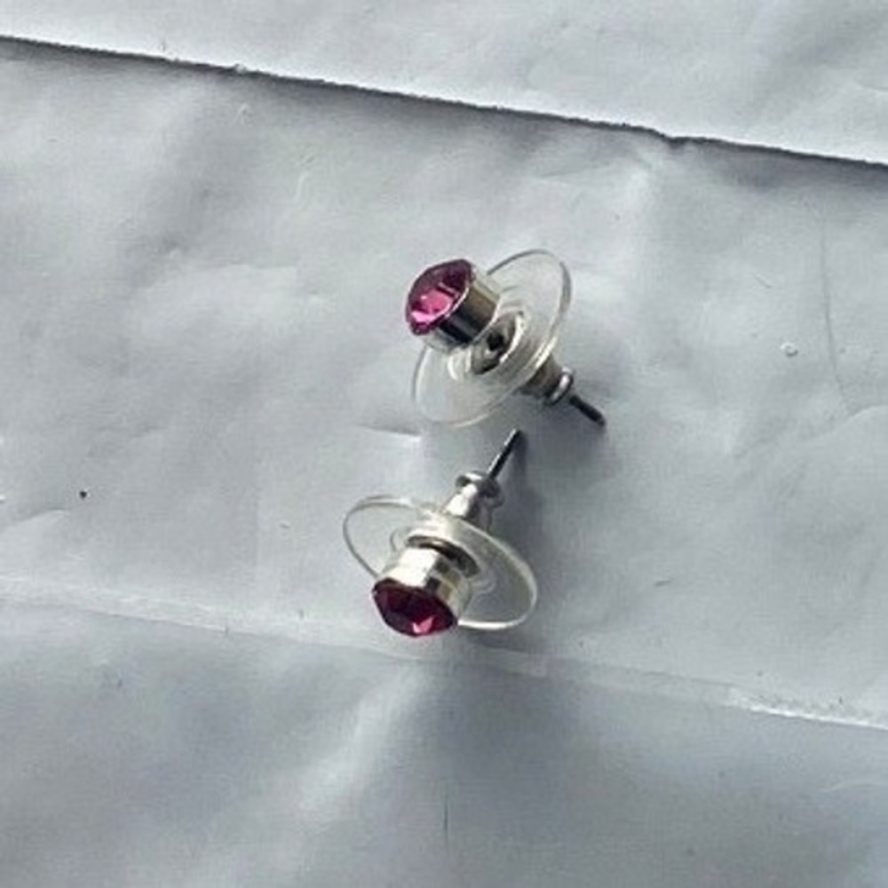 Tiny Stud Earrings Pink Gemstone Silver tone Small Dainty Minimalist